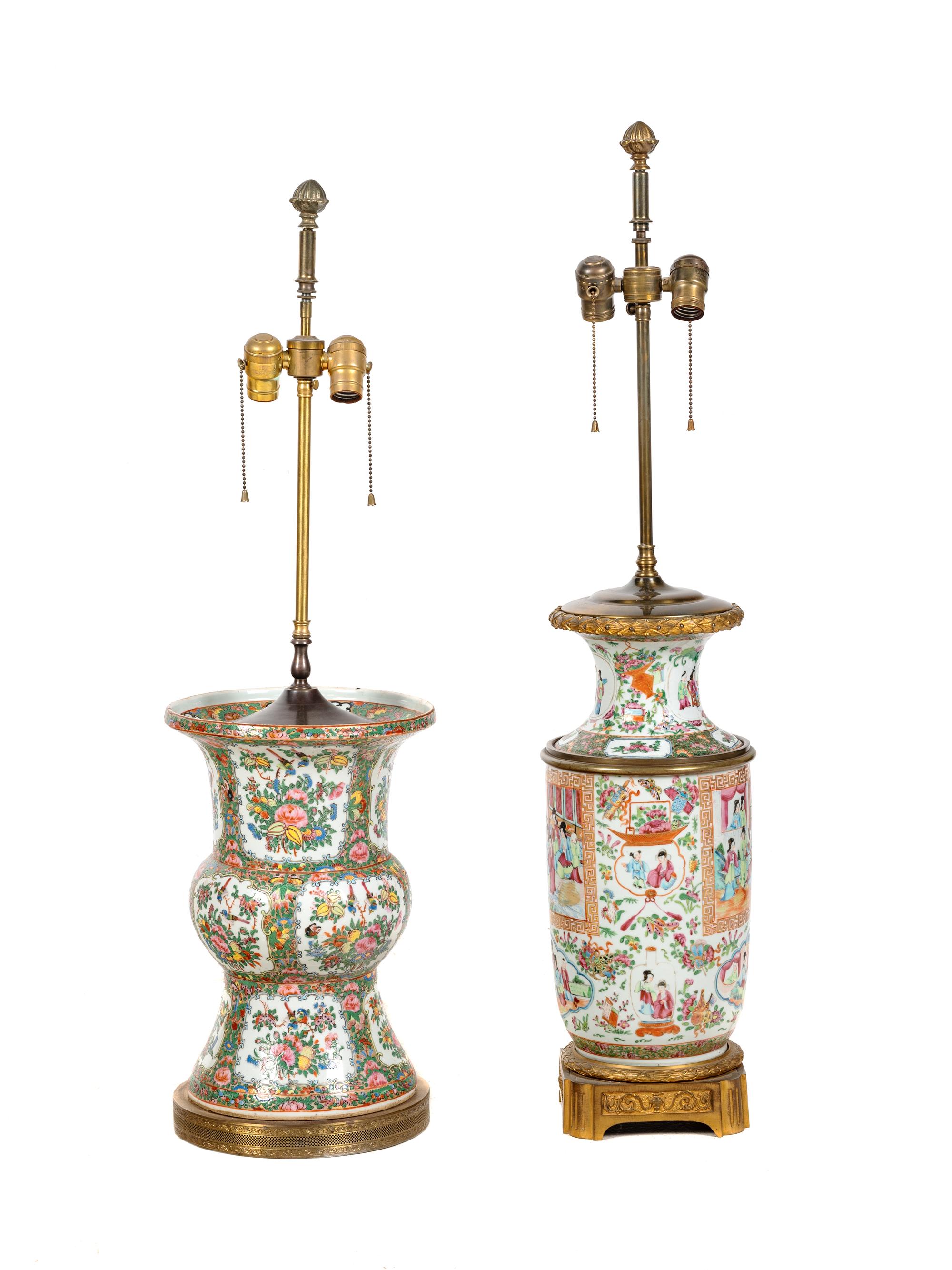 Two Gilt Bronze Mounted Rose Medallion Porcelain Vases Mounted as Lamps