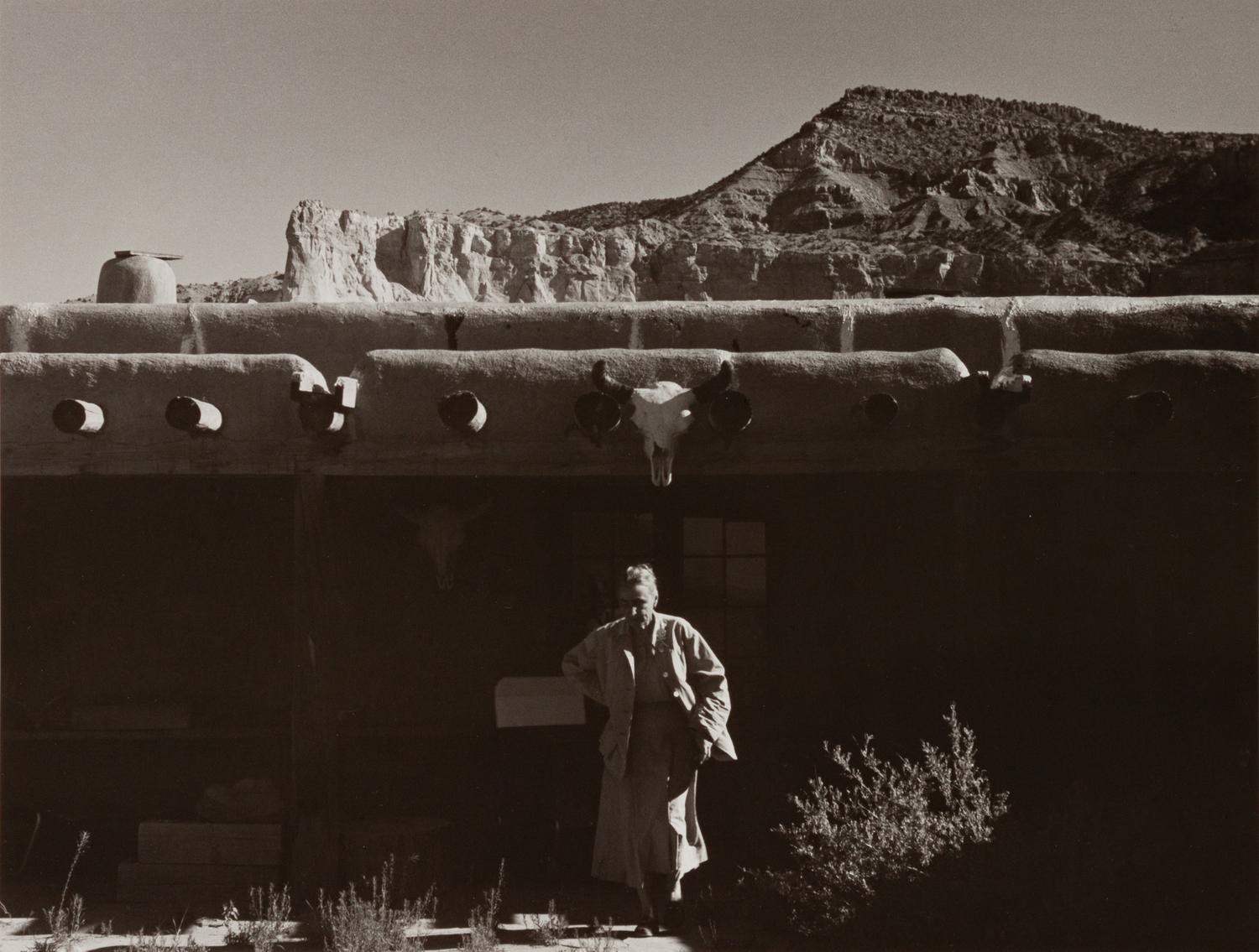 A group of four photographs ( O'Keeffe, Glen Canyon , 1961 (printed 1984); Georgia O'Keeffe Photographing the Chama River , 1961 (printed 1984); Untitled (O'Keeffe walking towards building) , 1960s; Untitled (O'Keeffe walking from building ), 1959 (printed 1984))