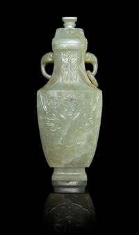 A Celadon Jade Covered Vase Height 10 inches. — 19TH/EARLY 20TH CENTURY