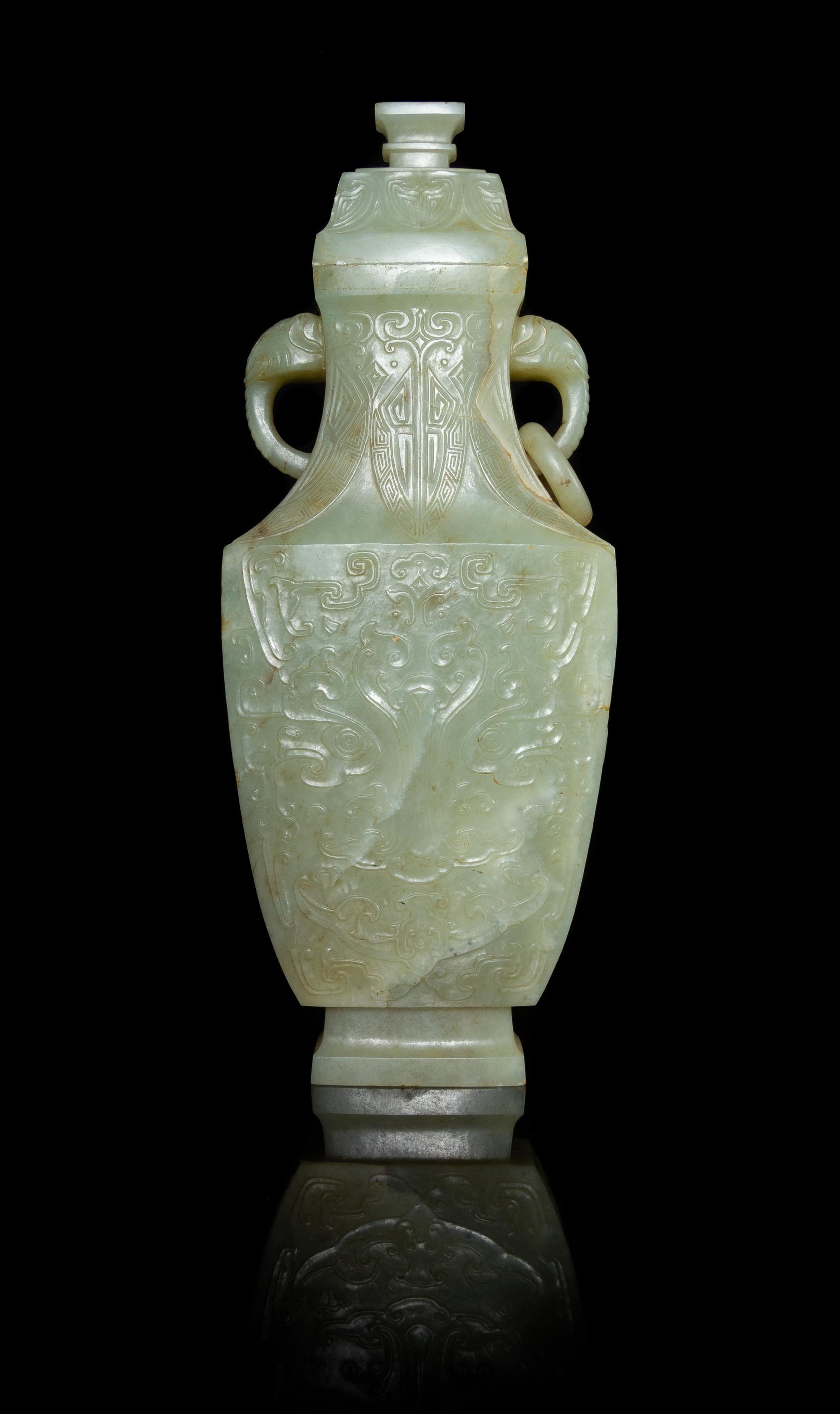 A Celadon Jade Covered Vase Height 10 inches. — 19TH/EARLY 20TH CENTURY