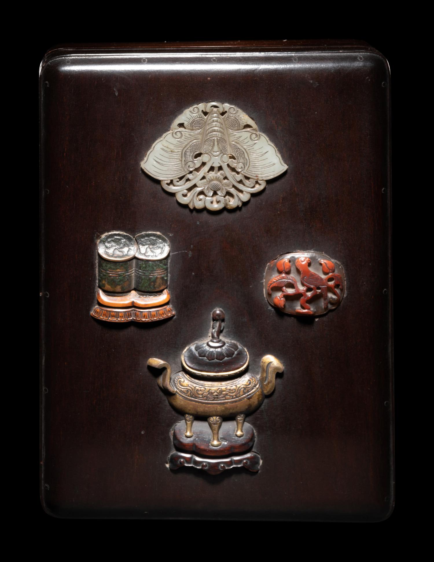 A Chinese Jade, Hardstone and Bronze Inset Lacquered Wood Covered Box