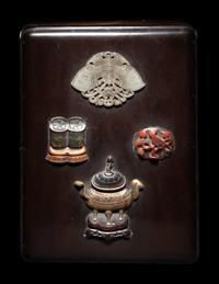 A Chinese Jade, Hardstone and Bronze Inset Lacquered Wood Covered Box