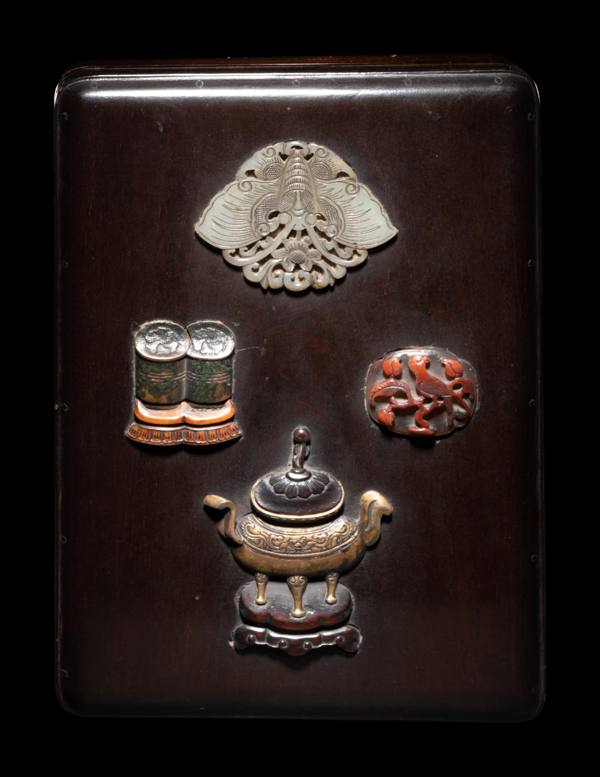 A Chinese Jade, Hardstone and Bronze Inset Lacquered Wood Covered Box