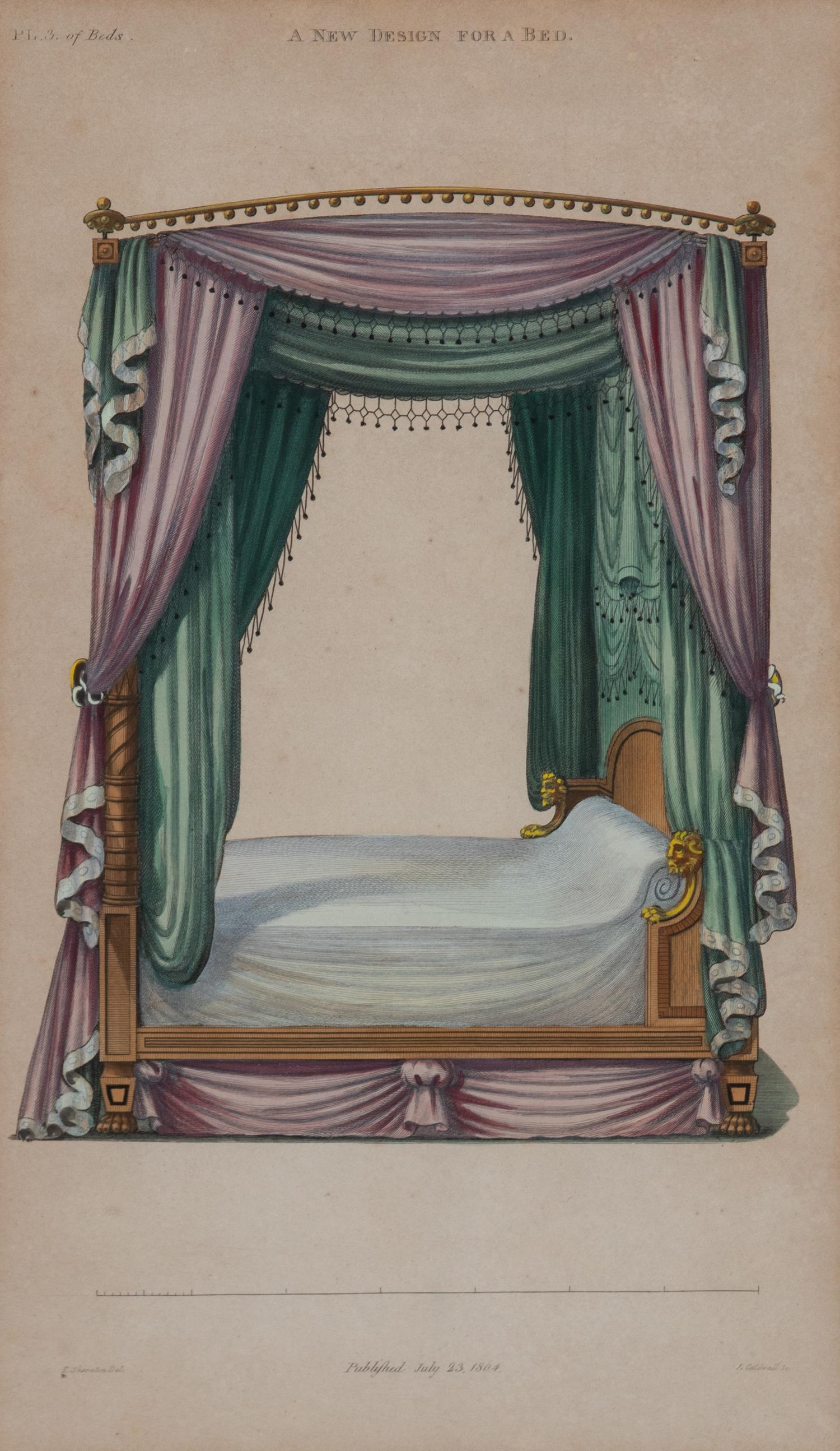 A Set of Four Colored Engravings of Beds