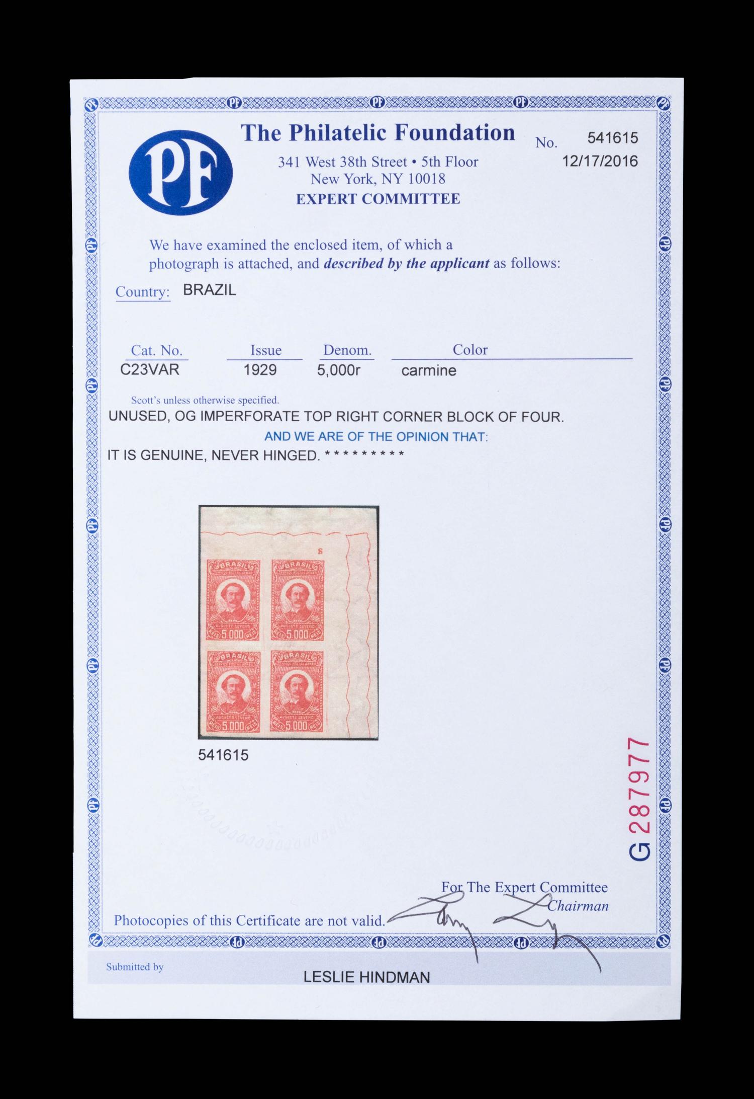 {PHILATELY} BRAZIL. Airmail. 1929, 5,000r, Carmine (#C23VAR), Imperforate Top Right Corner Block of Four