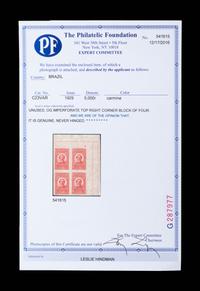 {PHILATELY} BRAZIL. Airmail. 1929, 5,000r, Carmine (#C23VAR), Imperforate Top Right Corner Block of Four