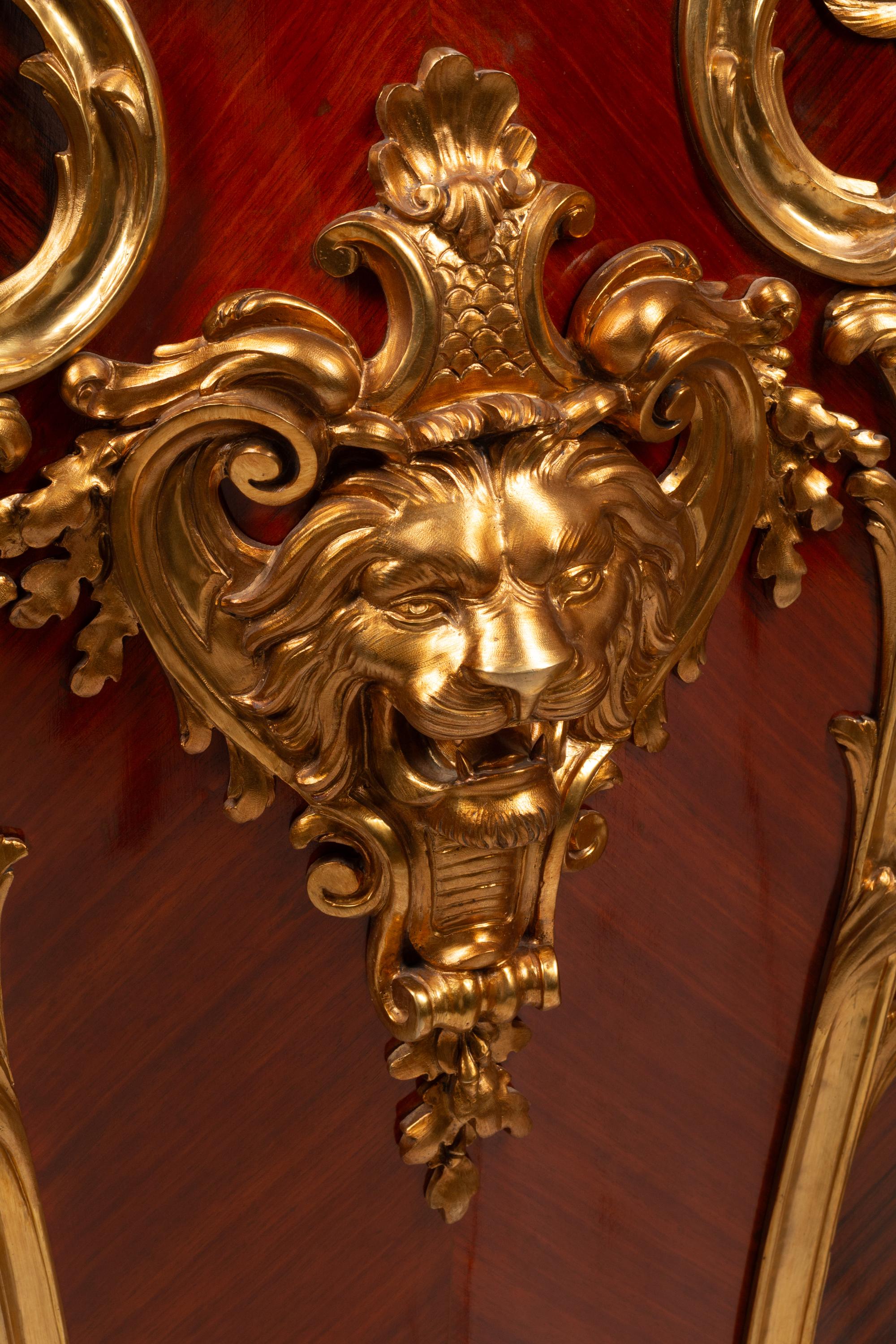 A Pair of Louis XV Style Gilt Bronze Mounted Kingwood Marble-Top Pedestals