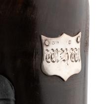 A Walnut and Mahogany Tantalus and Three Silver-Mounted Horn Tumblers