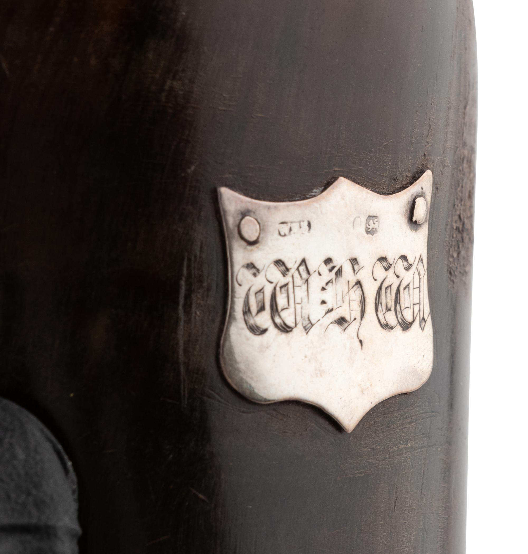 A Walnut and Mahogany Tantalus and Three Silver-Mounted Horn Tumblers