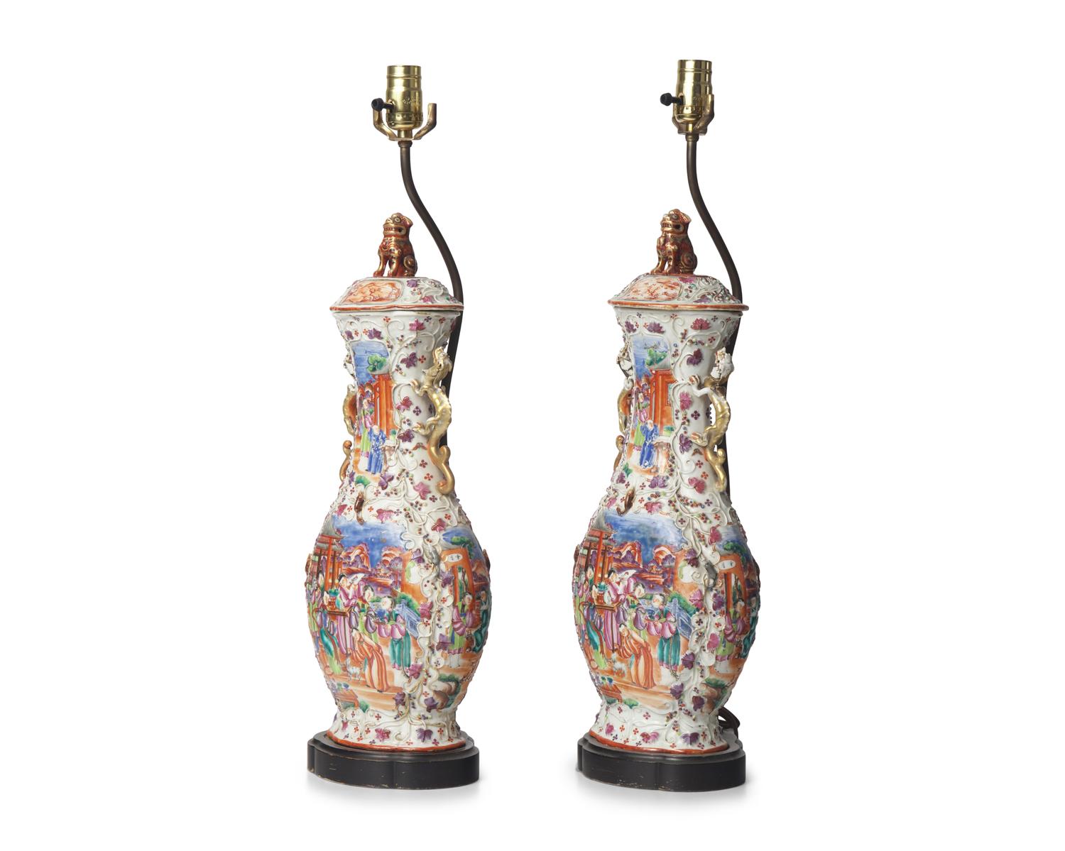 A Pair of Chinese Export Porcelain Covered Vases Mounted as Lamps