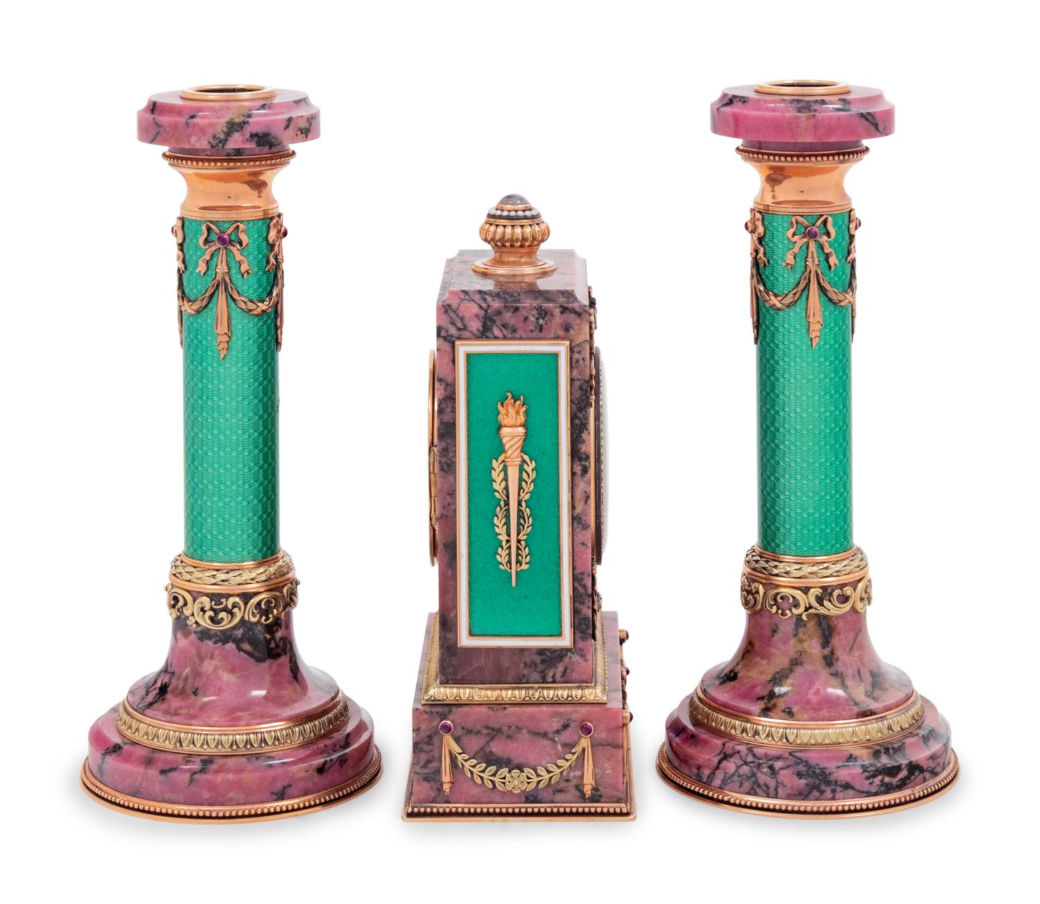 A Carved Hardstone, Enamel, 14-Karat Gold and Hardstone Mounted Three-Piece Clock Garniture