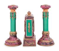 A Carved Hardstone, Enamel, 14-Karat Gold and Hardstone Mounted Three-Piece Clock Garniture