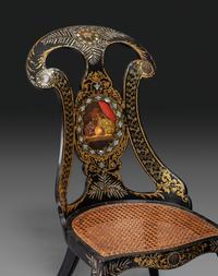 Two Victorian Black Lacquered Parcel-Gilt and Mother-of-Pearl Inlaid Cane Upholstered Slipper Chairs