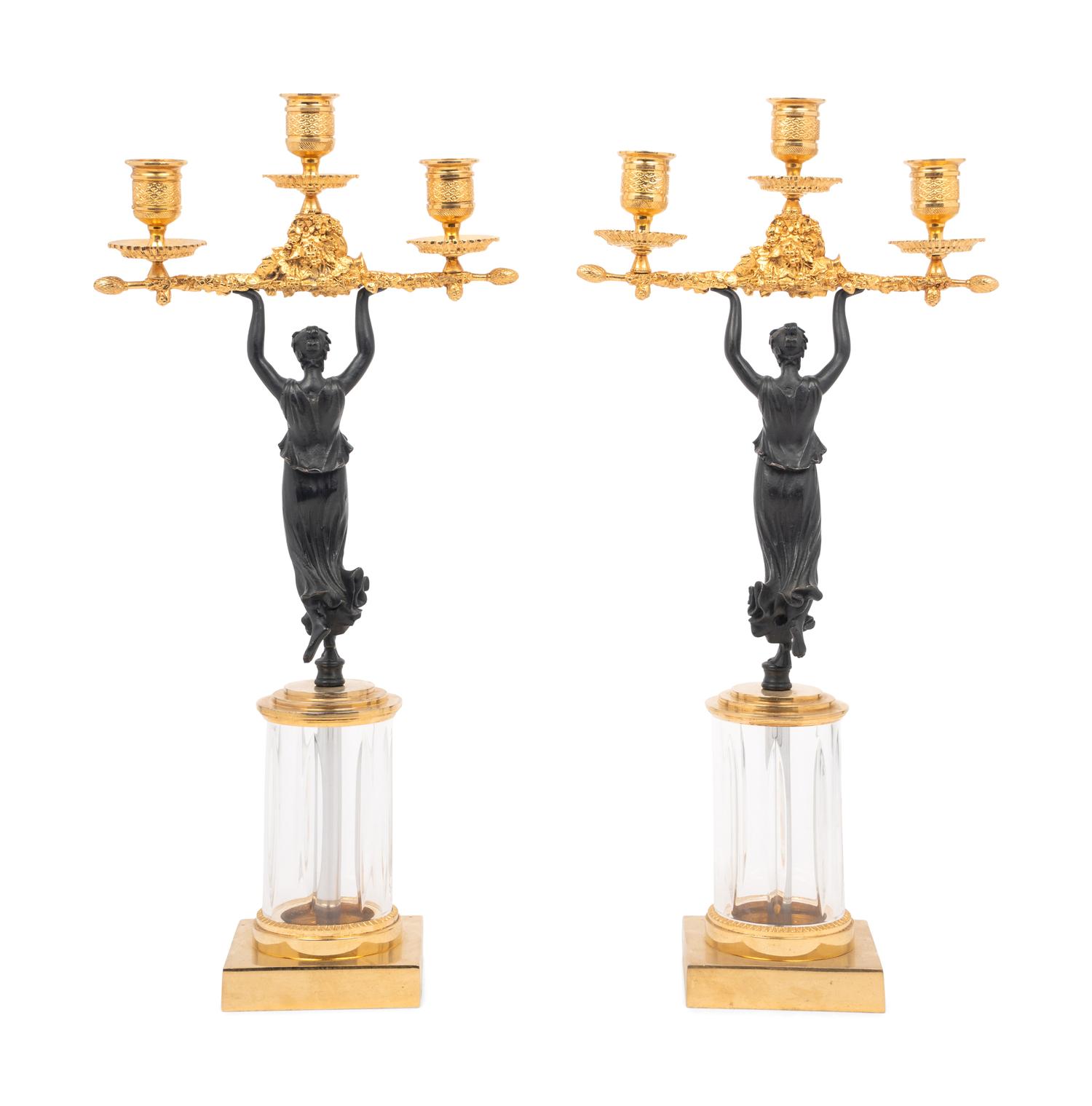 A Pair of Continental Gilt and Patinated Bronze and Cut Glass Three-Light Candelabra