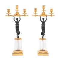 A Pair of Continental Gilt and Patinated Bronze and Cut Glass Three-Light Candelabra