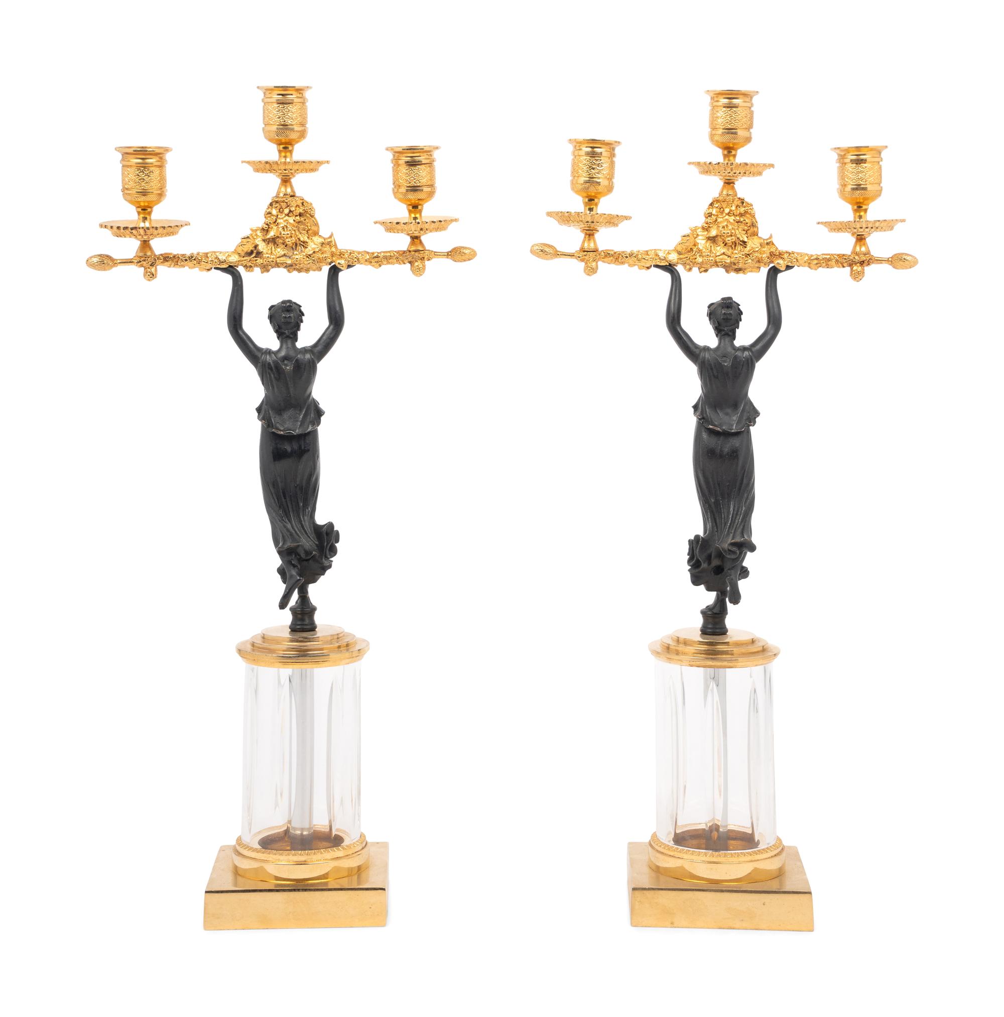 A Pair of Continental Gilt and Patinated Bronze and Cut Glass Three-Light Candelabra