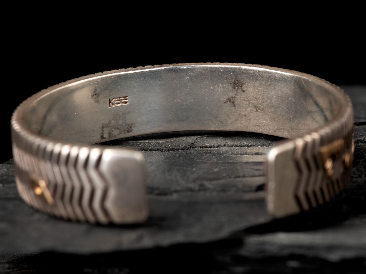 Sterling Silver Cuff Bracelet and Matching Earrings, with 14K Gold Petroglyph Accents