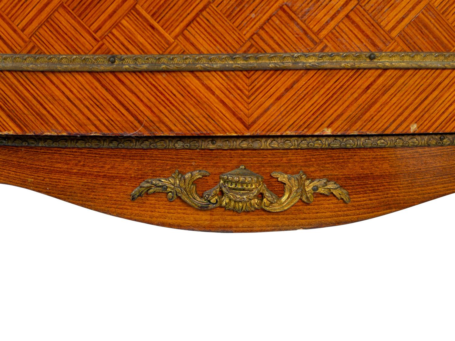 A Pair of Louis XV/XVI Transitional Style Marble Top Parquetry Cabinets — EARLY 20TH CENTURY