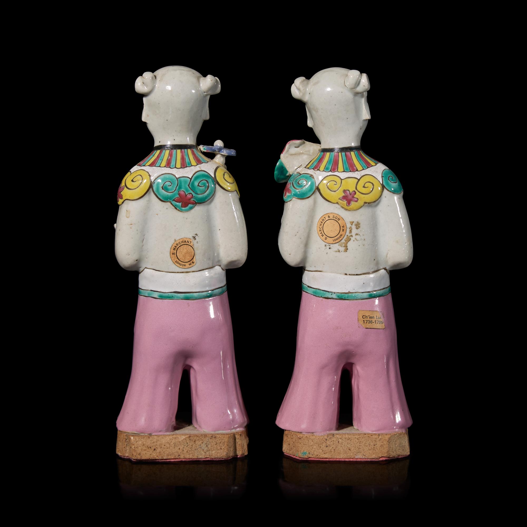 A Pair of Chinese Famille Rose "Boys" Figures, Qianlong-Jiaqing Period 清乾隆-嘉慶 粉彩童子擺件一對