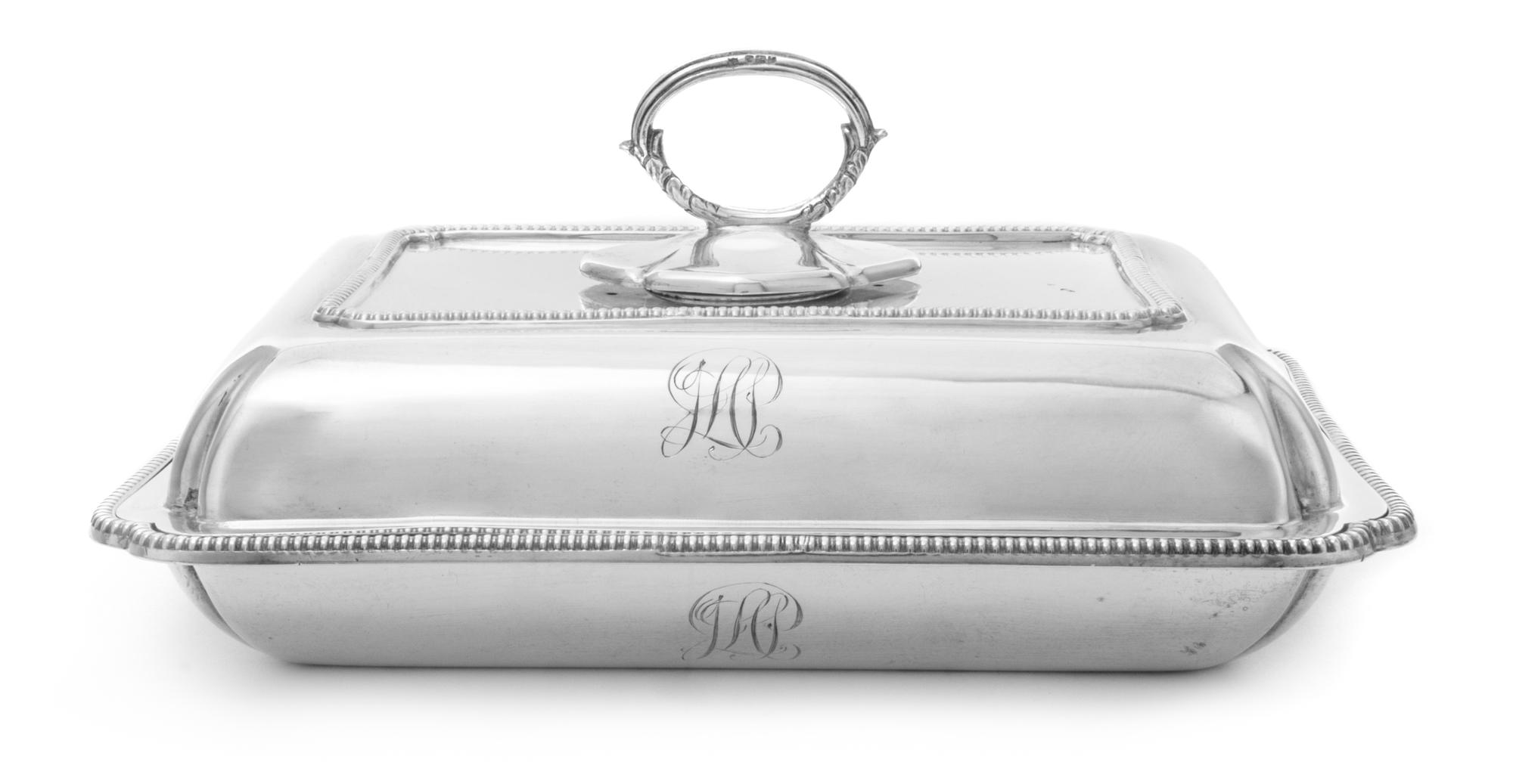 A George V Silver Covered Vegetable Server, Thomas Bradbury & Sons, Sheffield, 1923, of rectangular form with gadroon banding to the li