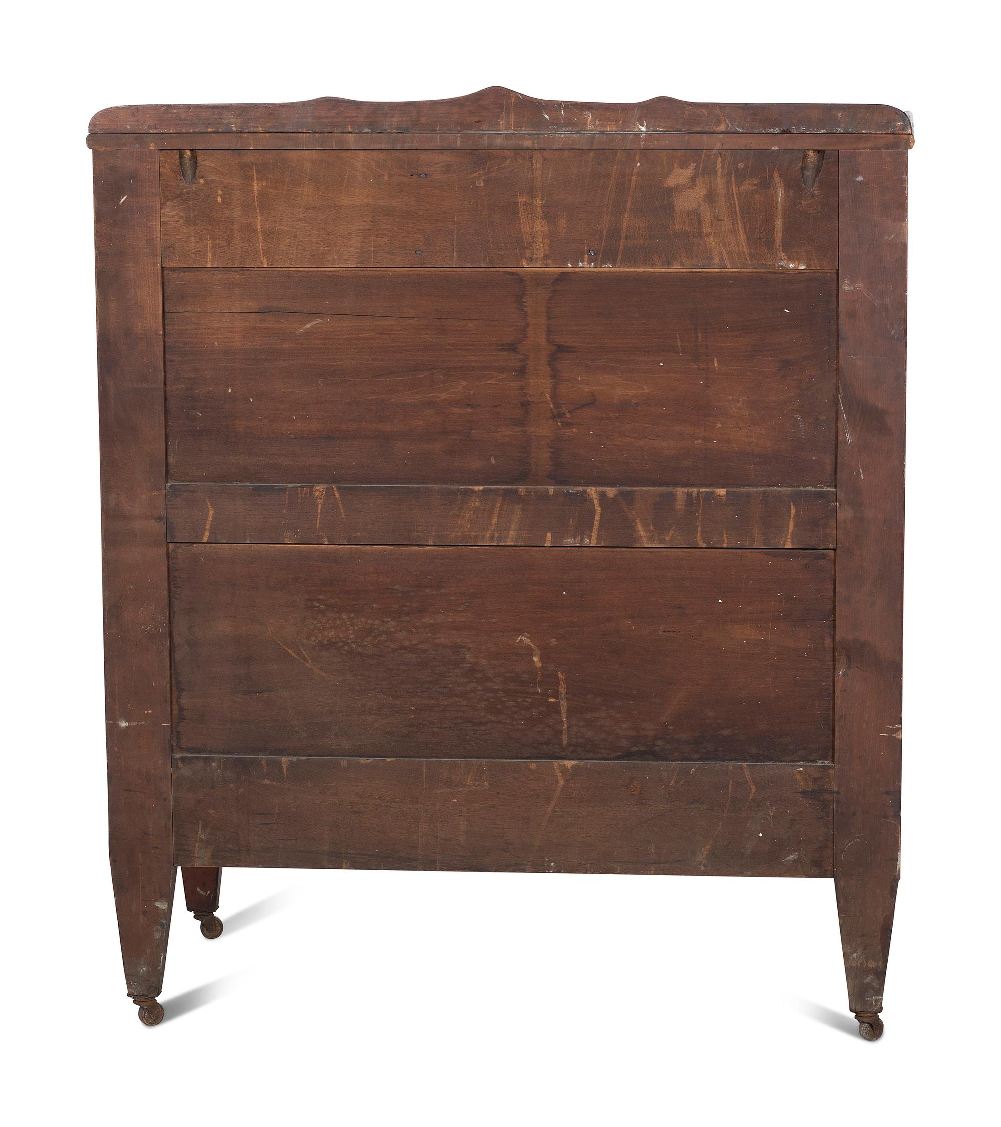 An Ohio Mennonite Red-Stained Cherrywood and Tiger Maple Chest of Drawers