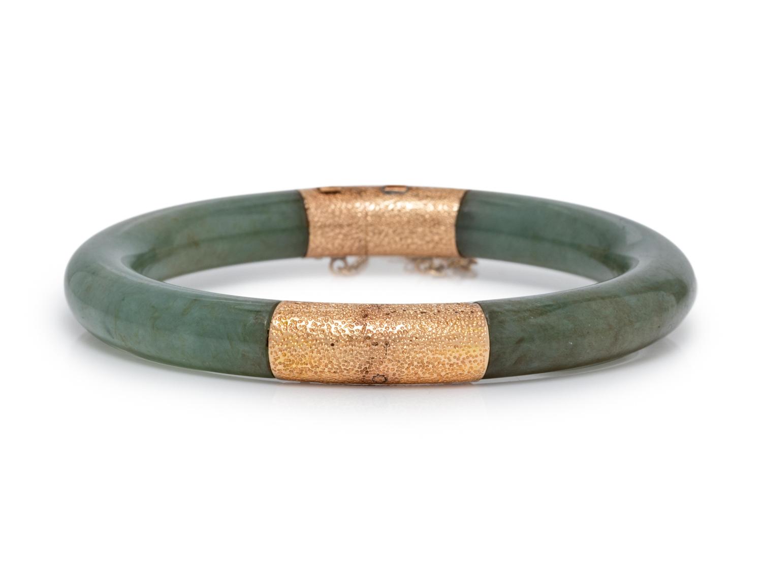 A 14 Karat Yellow Gold and Nephrite Jade Bangle Bracelet,