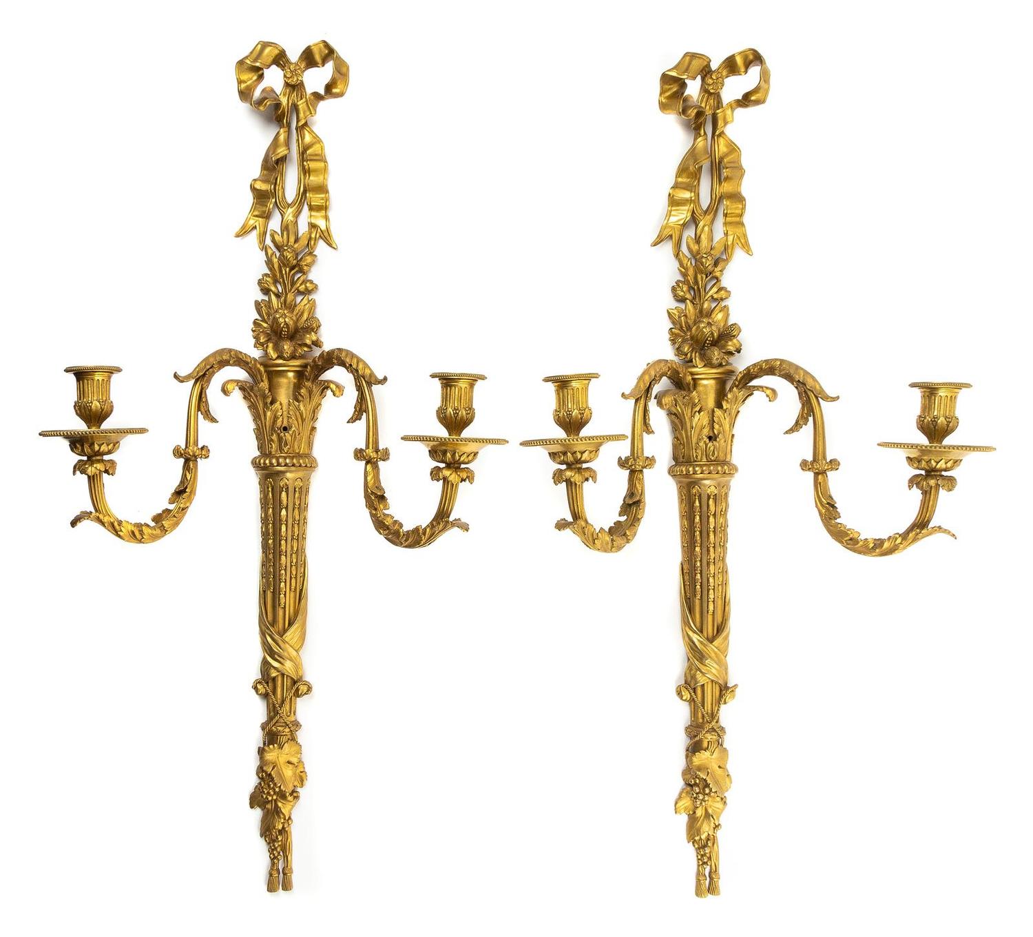 A Pair of Louis XVI Style Gilt Bronze Two-Light Sconces