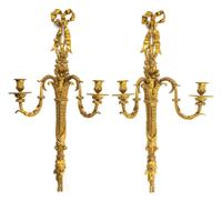 A Pair of Louis XVI Style Gilt Bronze Two-Light Sconces