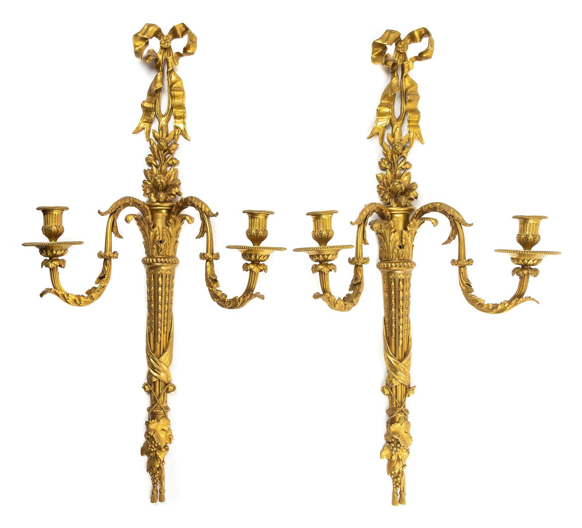 A Pair of Louis XVI Style Gilt Bronze Two-Light Sconces