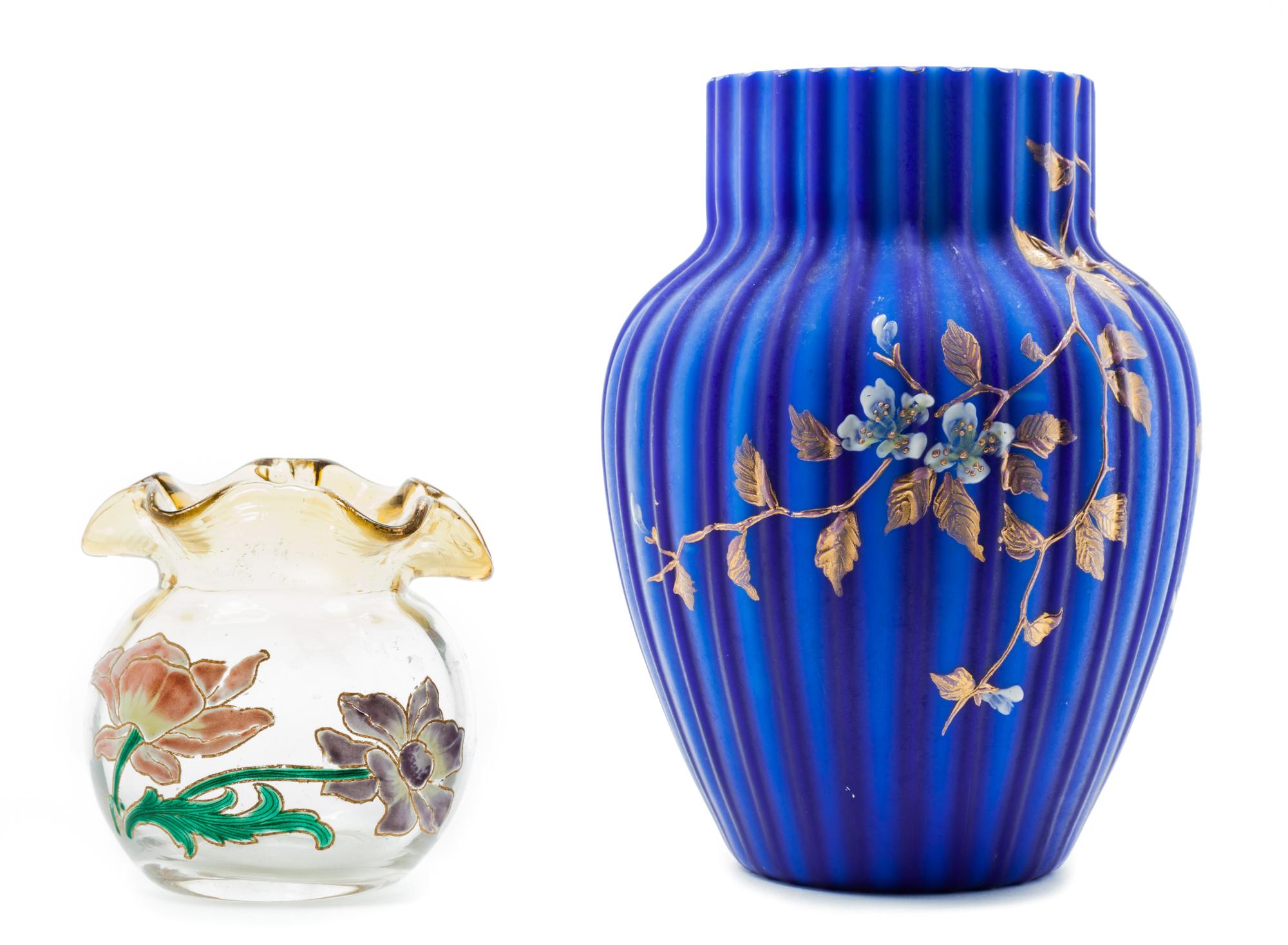 Two Victorian Enameled Glass Vases Height of first 8 3/8 inches.