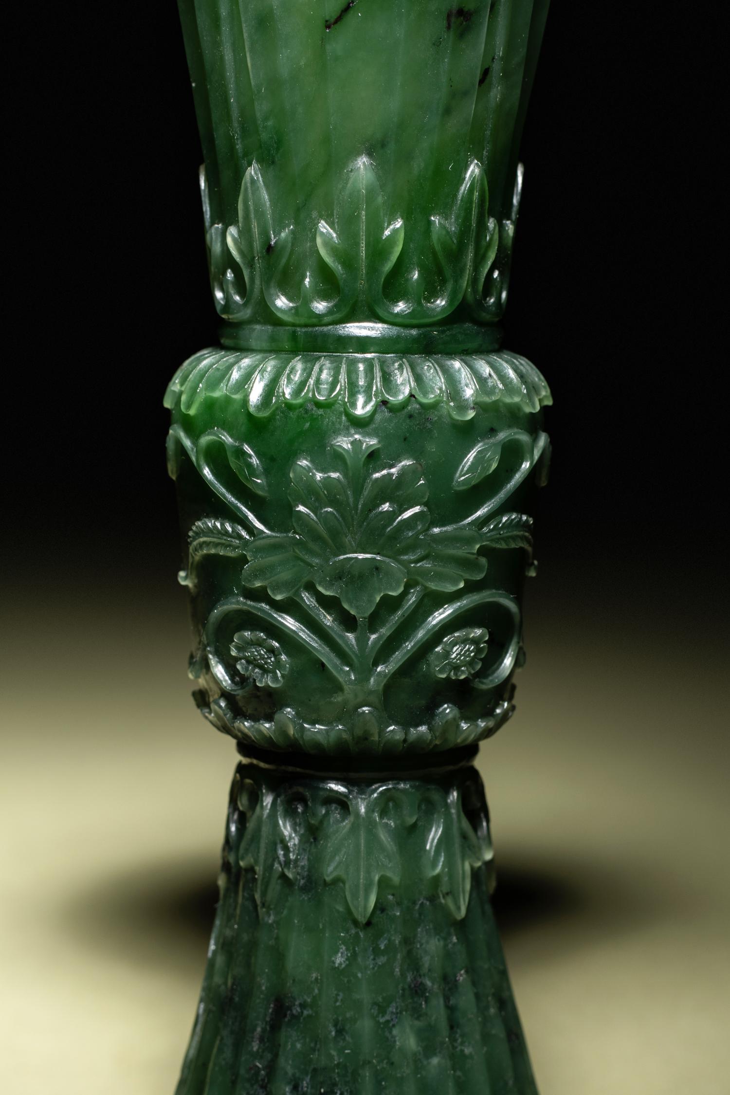 A Pair of Spinach Jade Gu Vases
