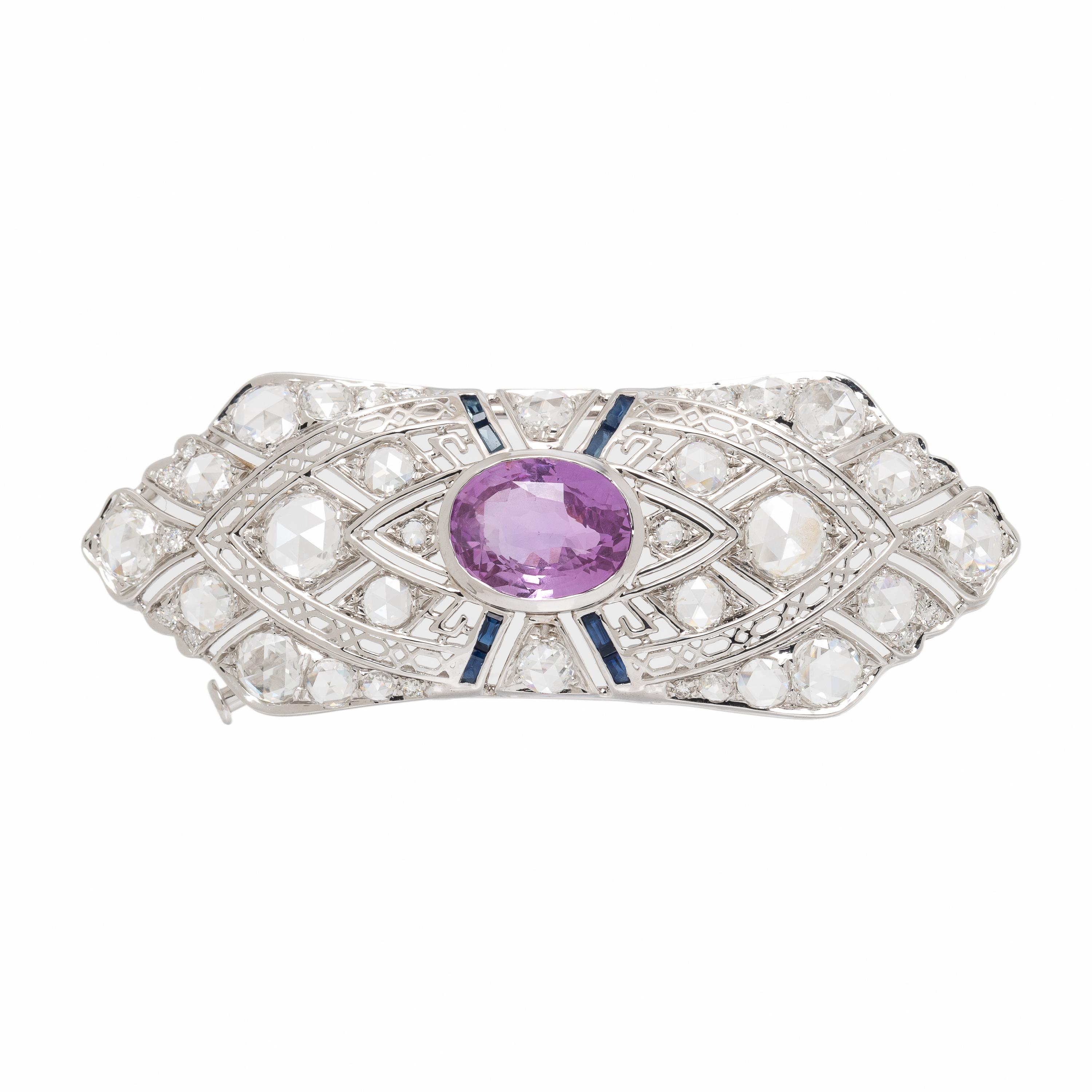 Pink Ceylon Sapphire, Diamond, and White Gold Brooch