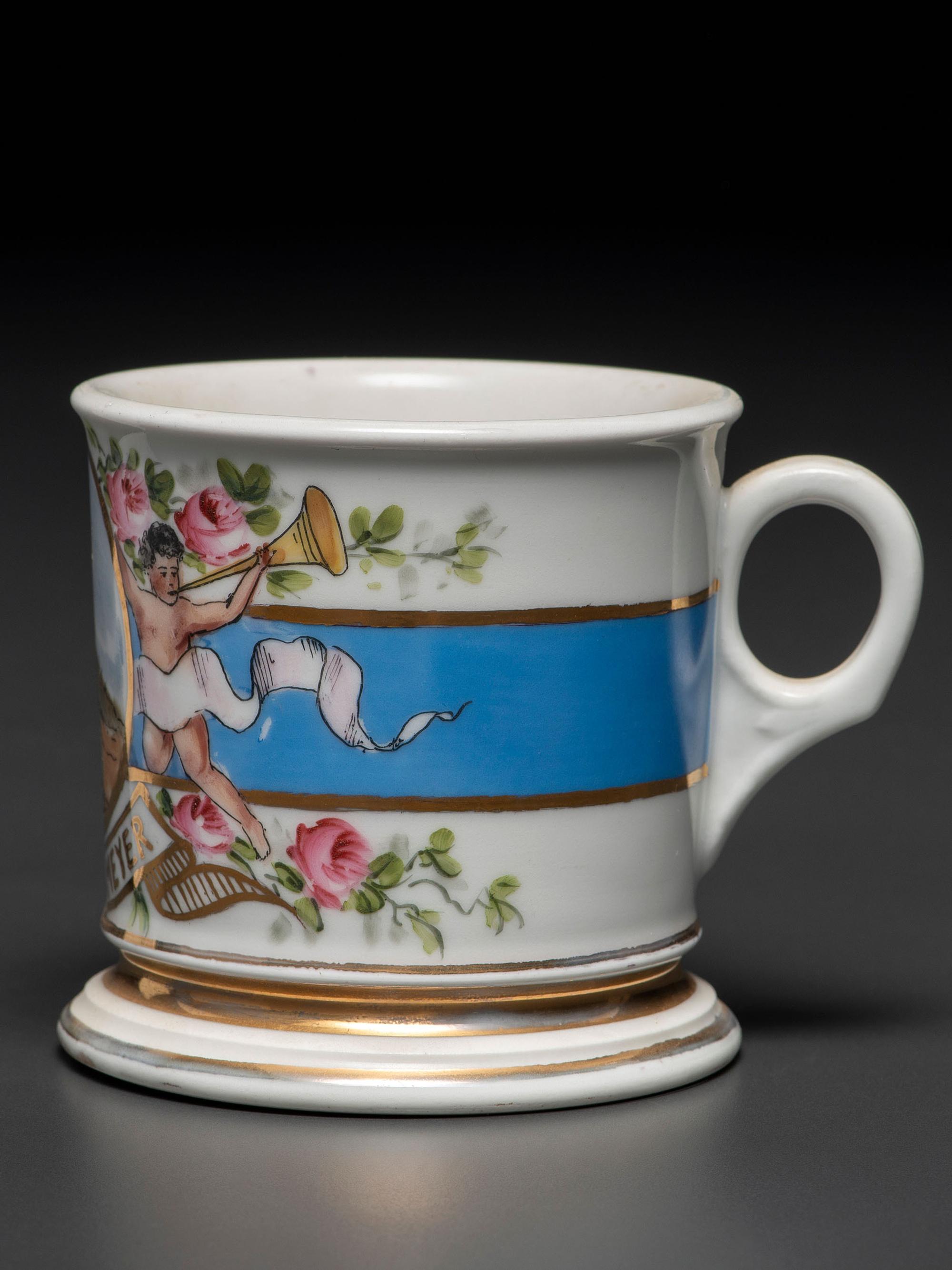 A Porcelain Shaving Mug Depicting a Tandem Bicycle, Possibly Belonging to Charles and Anna Kohlmeyer