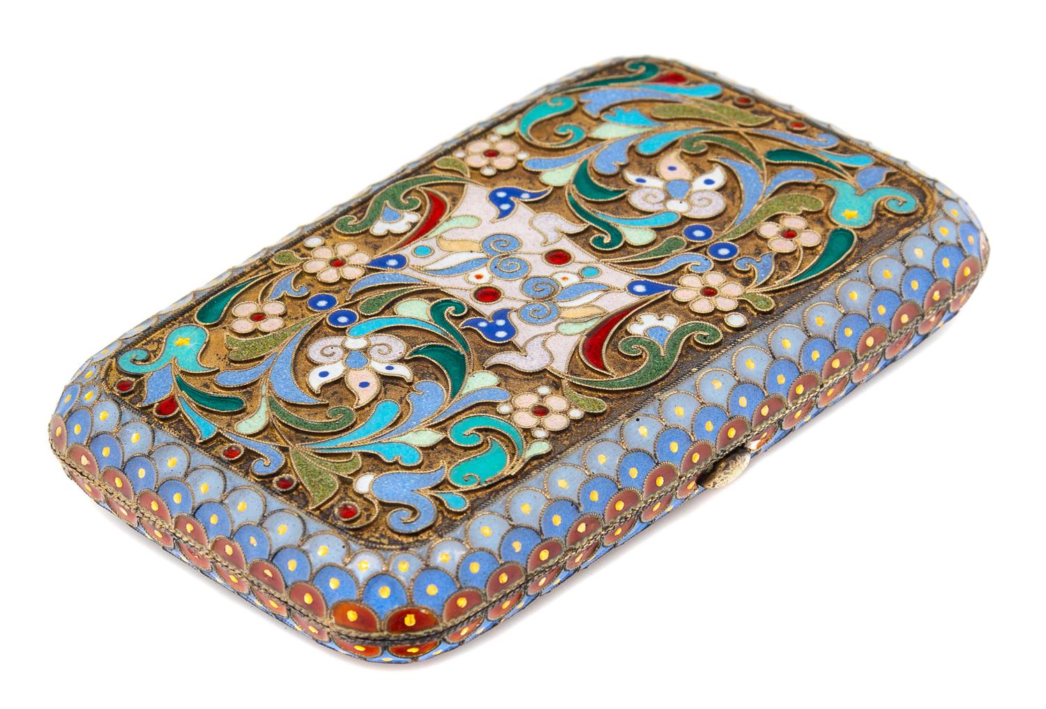 A Russian Silver and Enamel Cigarette Case, Mark of Pavel Ovchinnikov, Moscow, Late 19th/Early 20th Century, the case with polychrome e