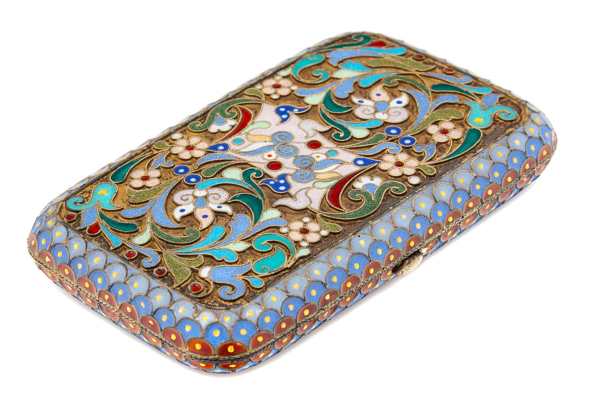A Russian Silver and Enamel Cigarette Case, Mark of Pavel Ovchinnikov, Moscow, Late 19th/Early 20th Century, the case with polychrome e