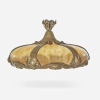 An Art Nouveau Style Patinated Bronze and Stained Glass Plafonnier Early 20th century