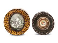 Two Continental Polychrome Decorated Tortoiseshell Snuff Boxes