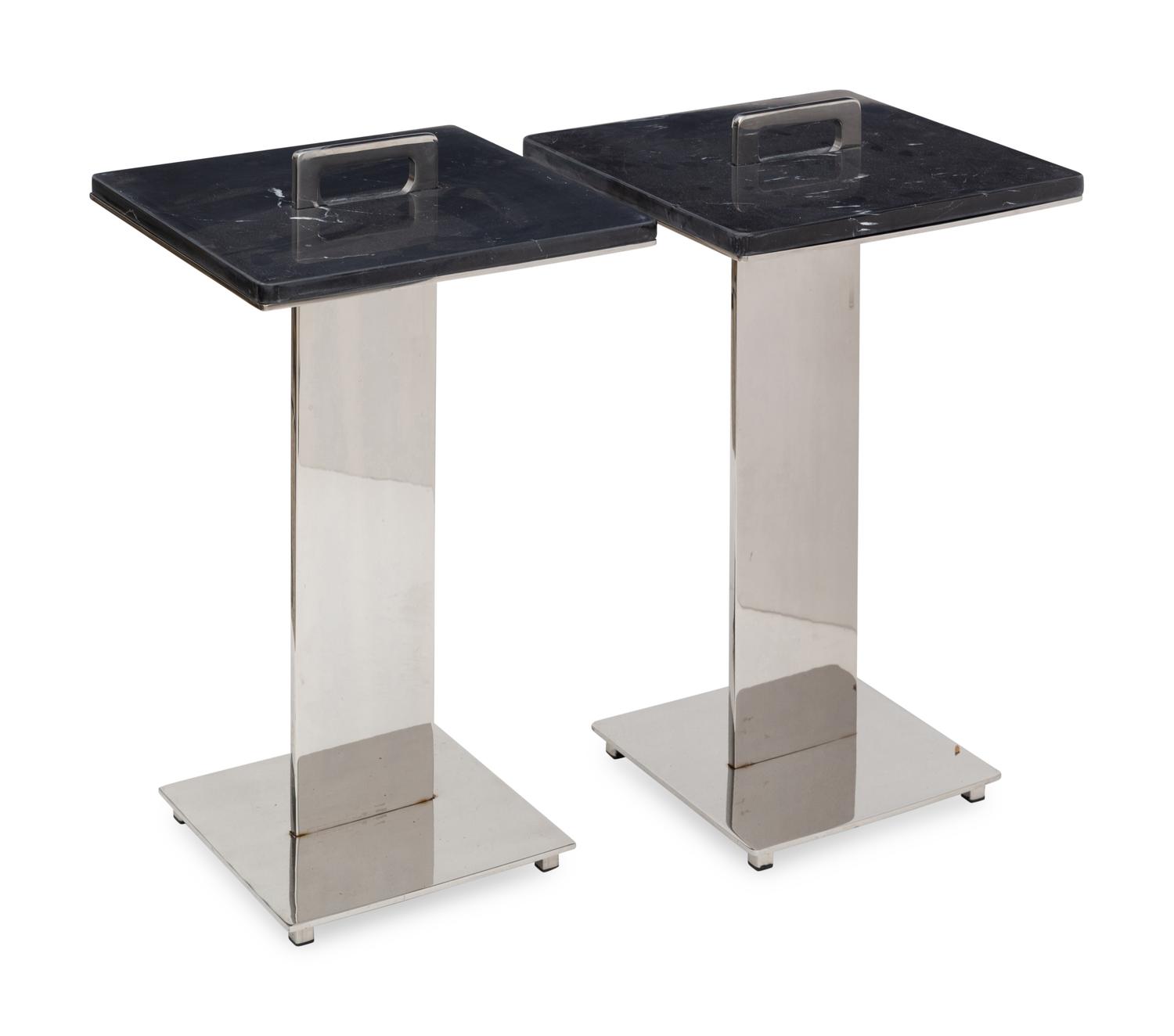 A Pair of Contemporary Polished Steel and Marble Side Tables
