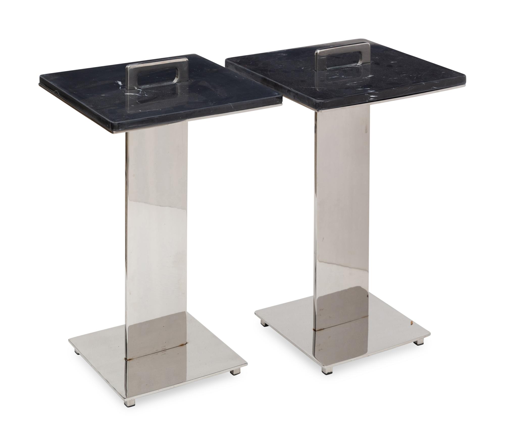 A Pair of Contemporary Polished Steel and Marble Side Tables