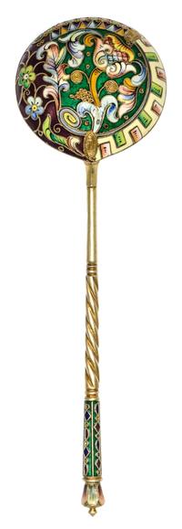 A Russian Silver-Gilt and Enamel Spoon, Mark of Sixth Artel, Moscow, early 20th century, having a green and brown enameled finial, the