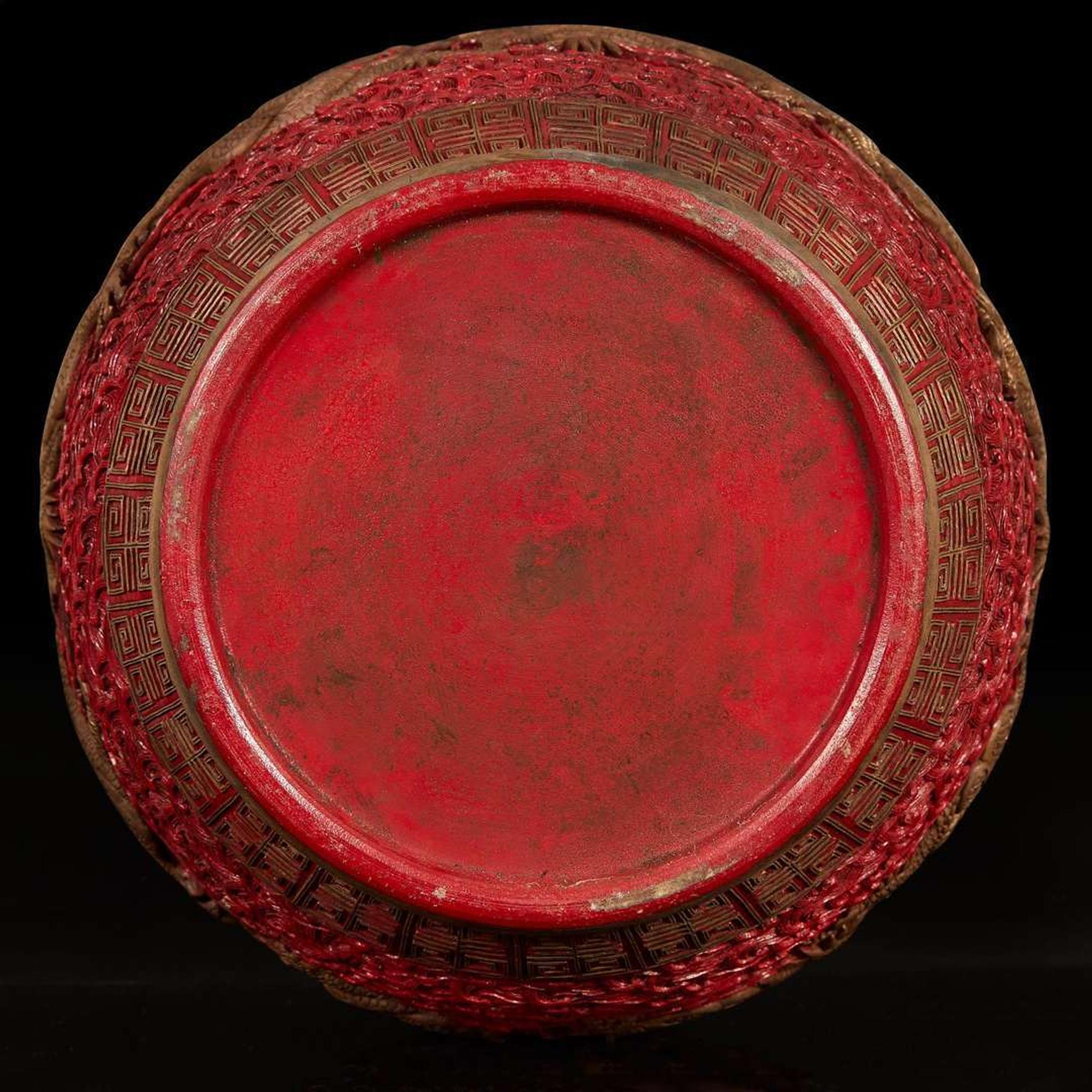 A massive Chinese faux cinnabar lacquer modeled porcelain "Dragons" jardinière 朱紅漆繪模印龍紋缸 Qianlong six character mark in relief to the neck ?????
