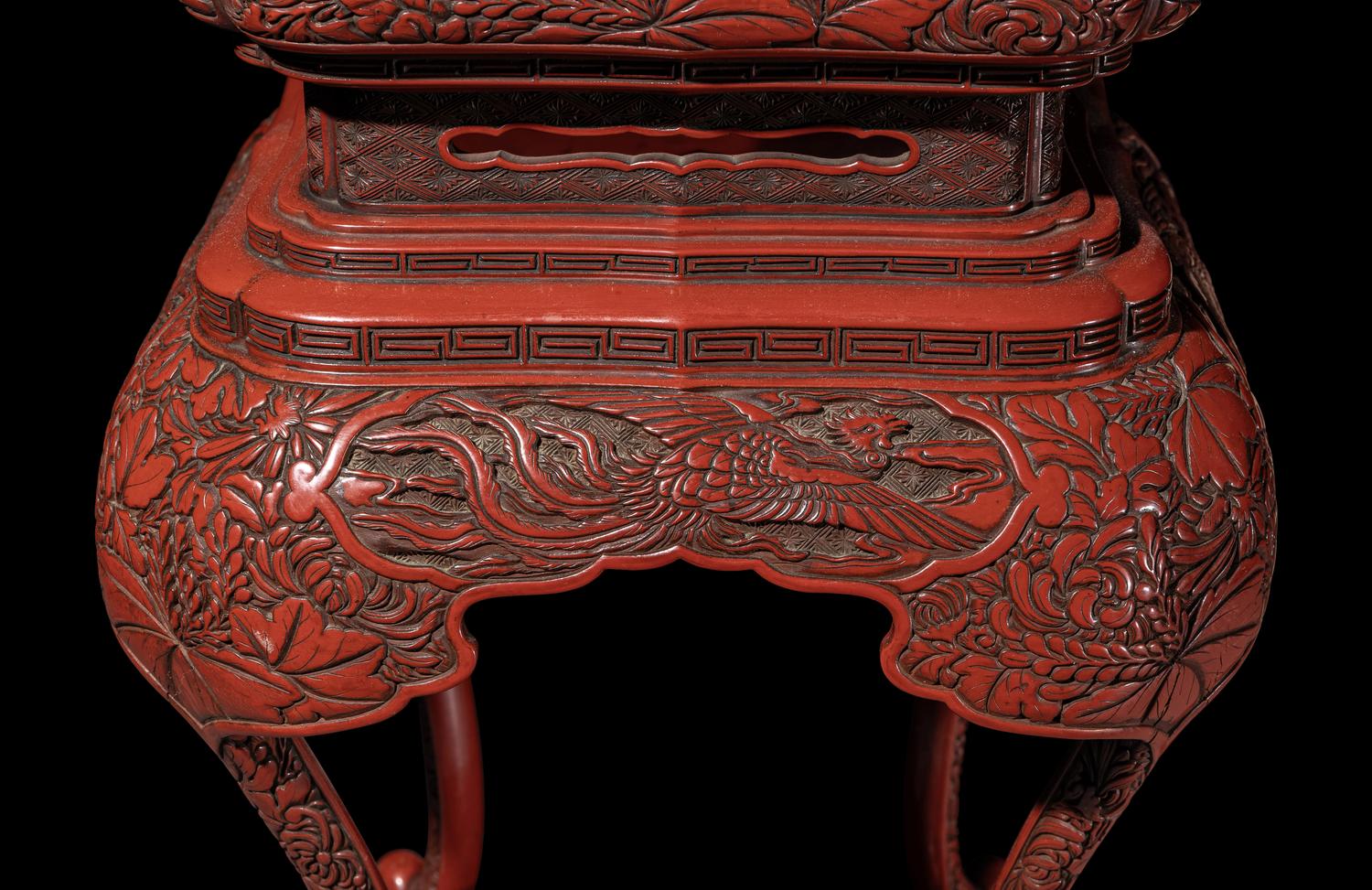 A Small Japanese Carved Red Lacquer Square Stand