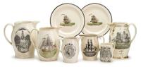 Enameled, gilded and transfer-printed creamware presentation pitcher early 19th century