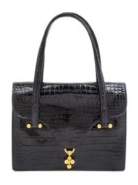 An Hermes Navy Crocodile Double Handle Handbag. 8.5" x 7" x 1.5".