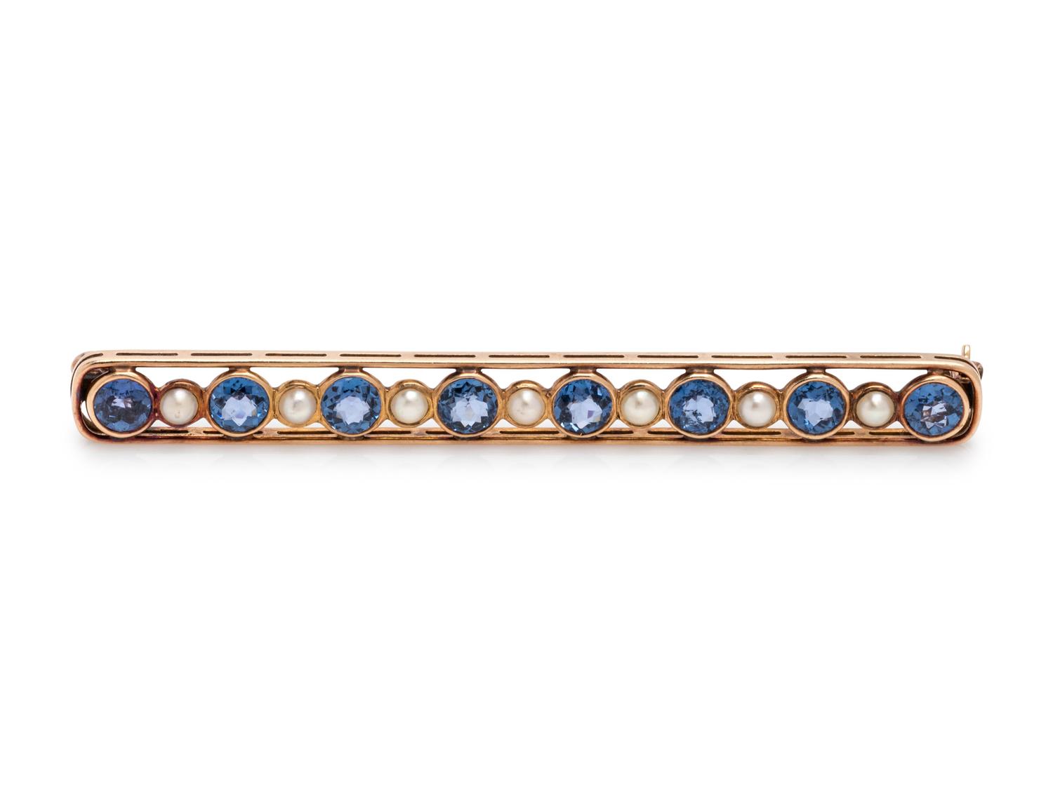 SAPPHIRE AND SEED PEARL BAR BROOCH