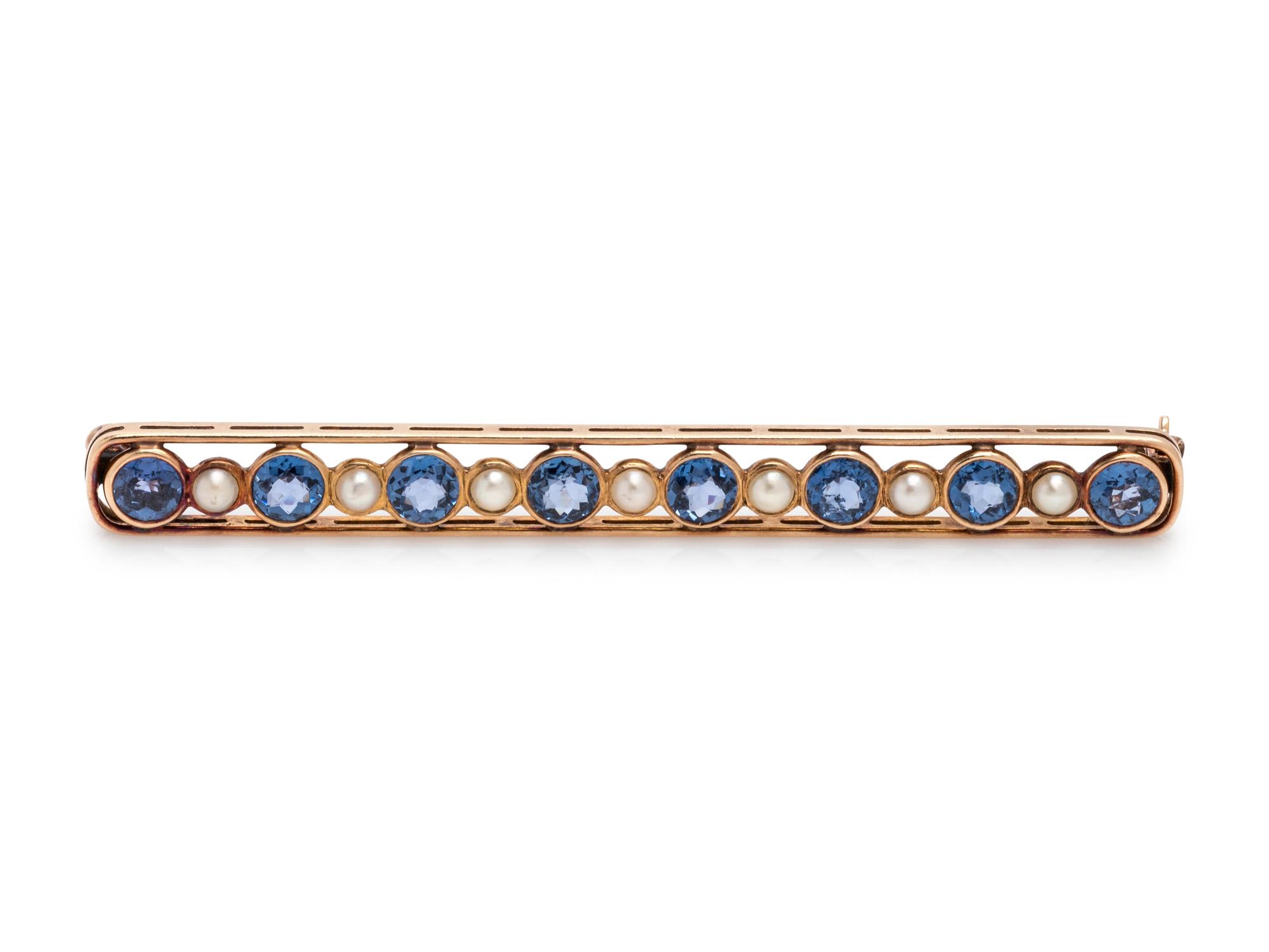 SAPPHIRE AND SEED PEARL BAR BROOCH
