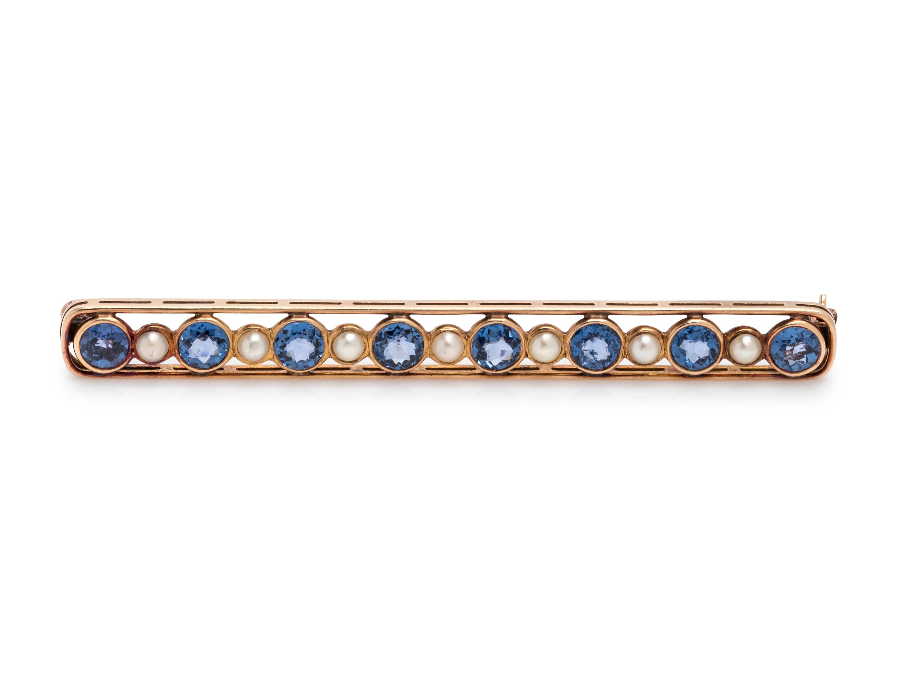 SAPPHIRE AND SEED PEARL BAR BROOCH