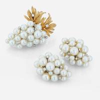 A pair of diamond, cultured pearl, and gold brooch with matching earrings