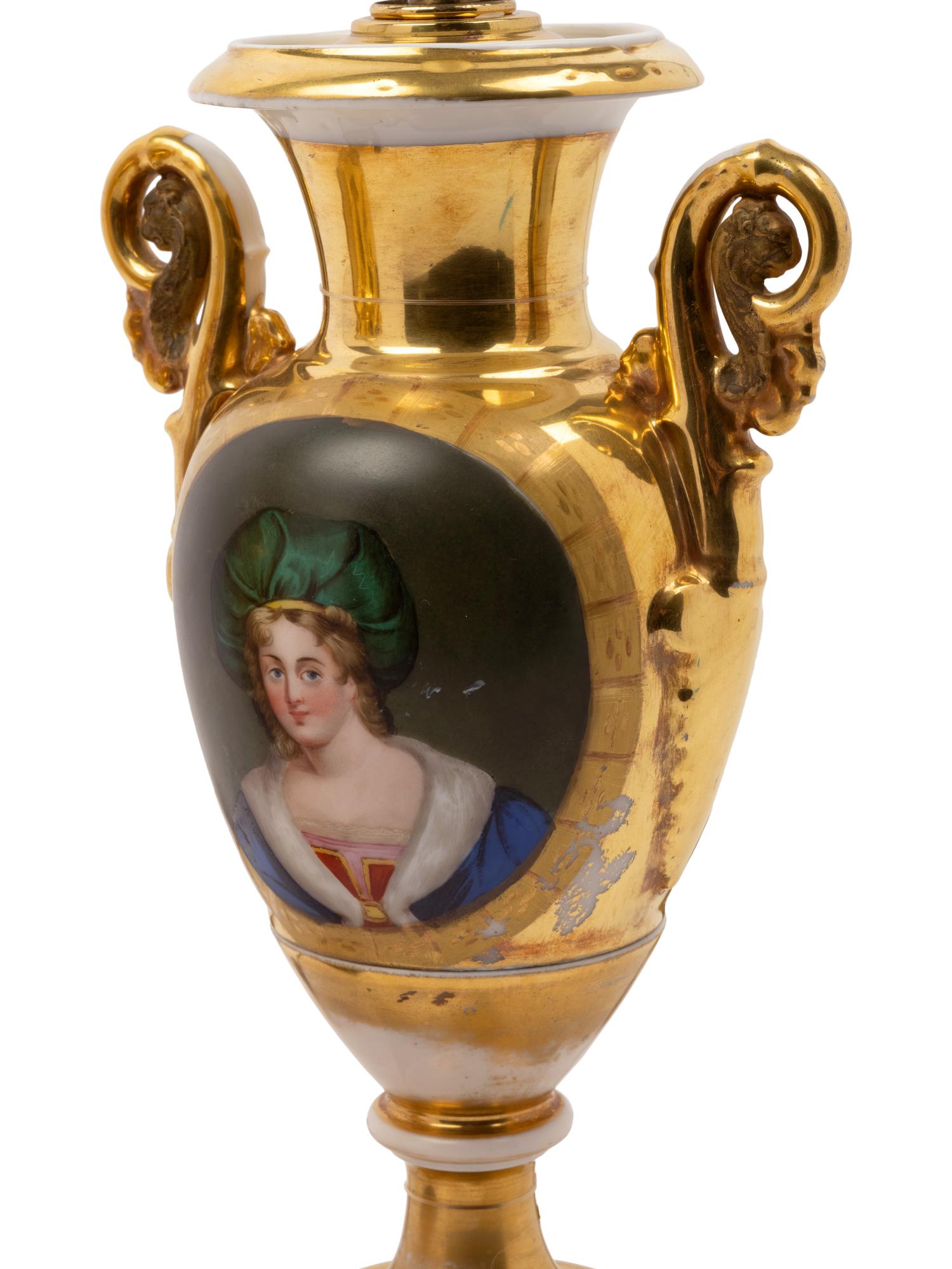 A Pair of Paris Porcelain Gold Ground Vases Mounted as Lamps with Faux Marble Bases and Silk Shades
