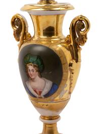 A Pair of Paris Porcelain Gold Ground Vases Mounted as Lamps with Faux Marble Bases and Silk Shades